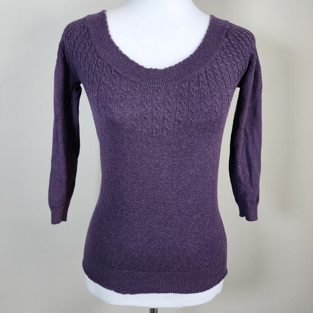 MNG Purple Cable Knit Sweater Womens XS Scoop Neck Pullover Cotton Blend‎ Top